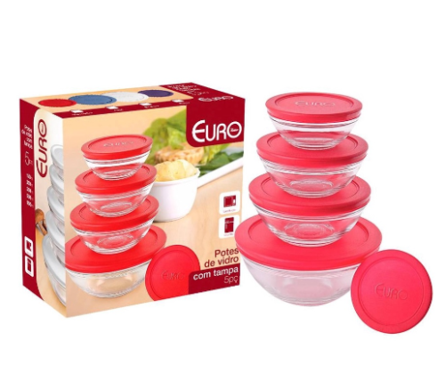 CJ. DE POTES DE VIDRO REDONDOS COM TAMPA PLASTICA 5 PC. EURO VERMELHO
